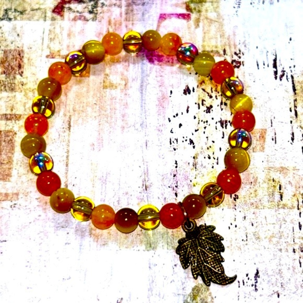 Handmade Fall Leaf Charm Bracelet with Rainbow Quartz Crystals!
